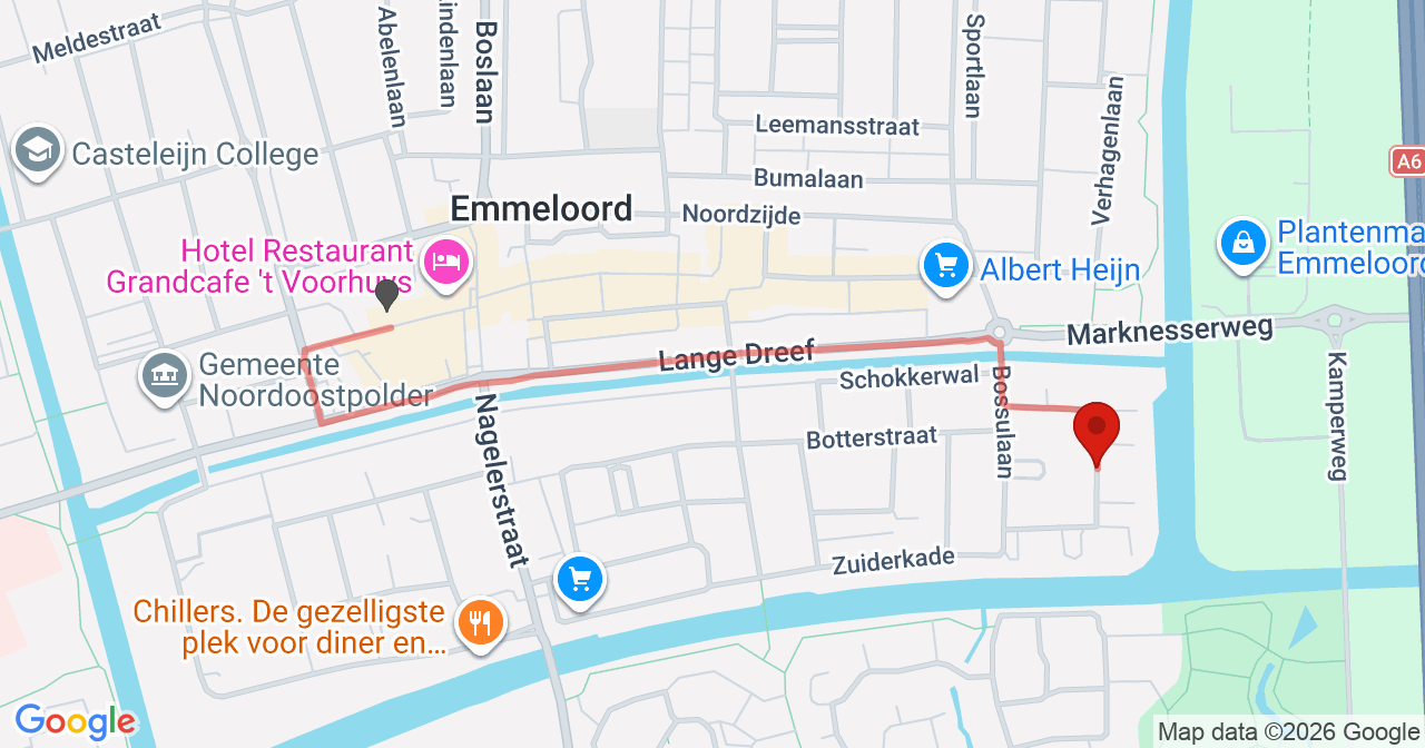 Kaart van het incident in Emmeloord met de aanrijroutes van de gealarmeerde eenheden