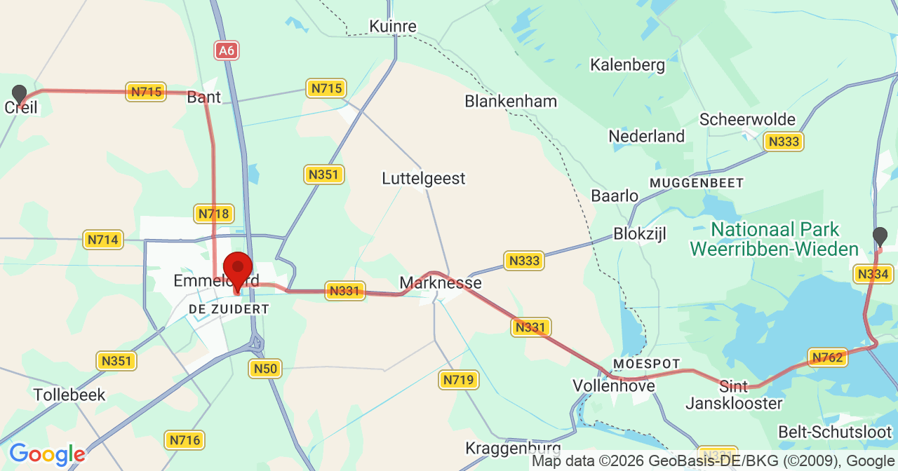 Kaart van het incident in Emmeloord met de aanrijroutes van de gealarmeerde eenheden