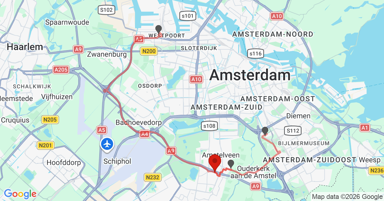 Kaart van het incident in Amstelveen met de aanrijroutes van de gealarmeerde eenheden