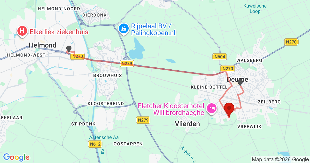 Kaart van het incident in Deurne met de aanrijroutes van de gealarmeerde eenheden