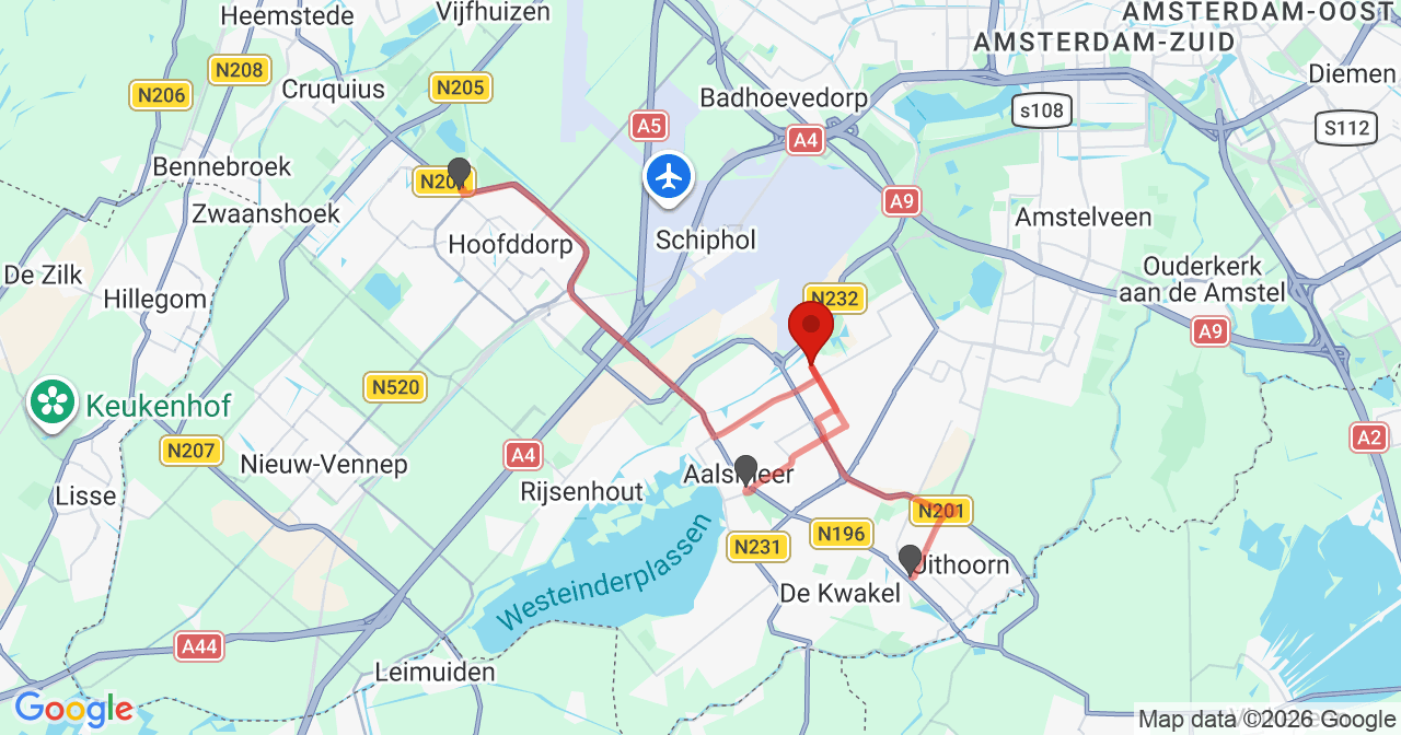 Kaart van het incident in Aalsmeer met de aanrijroutes van de gealarmeerde eenheden