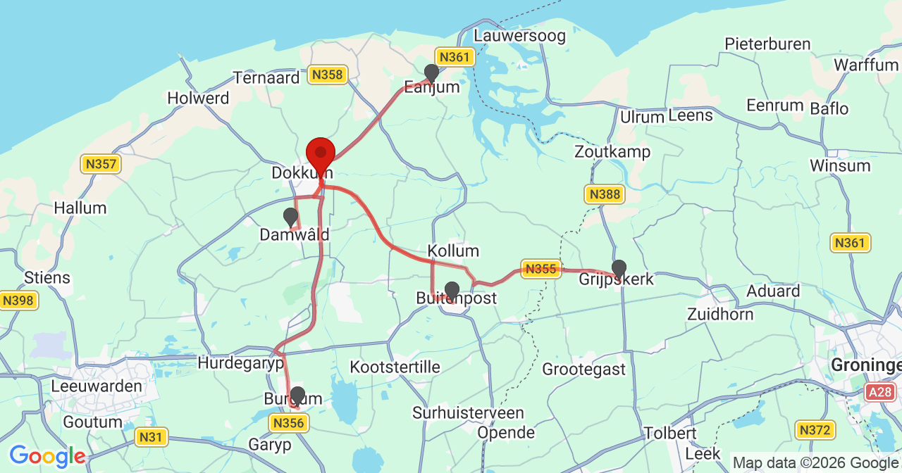 Kaart van het incident in Dokkum met de aanrijroutes van de gealarmeerde eenheden