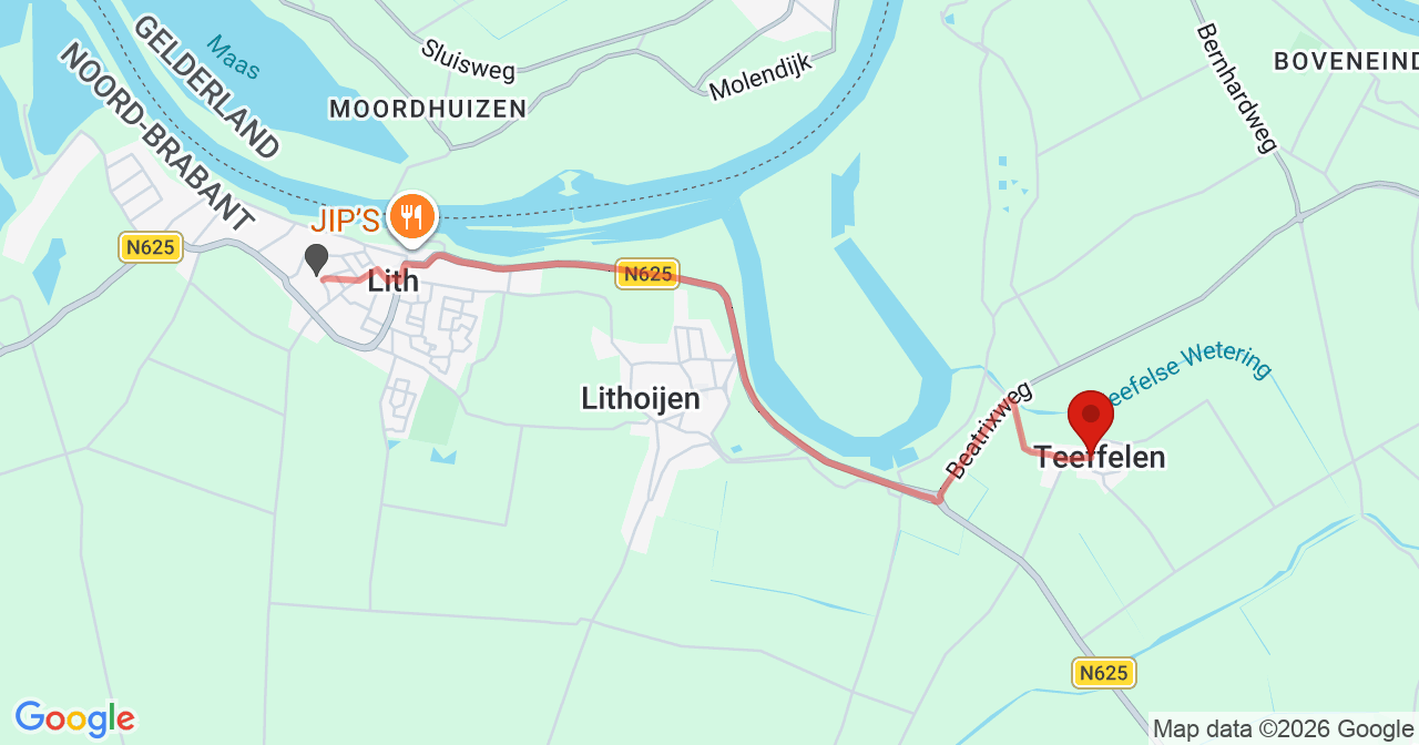 Kaart van het incident in Teeffelen met de aanrijroutes van de gealarmeerde eenheden