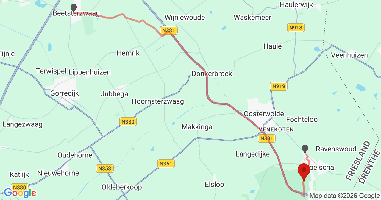 Kaart van het incident in Appelscha met de aanrijroutes van de gealarmeerde eenheden