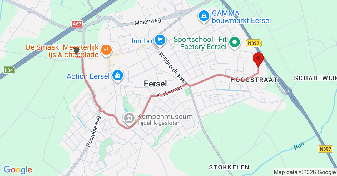 Kaart van het incident in Eersel met de aanrijroutes van de gealarmeerde eenheden