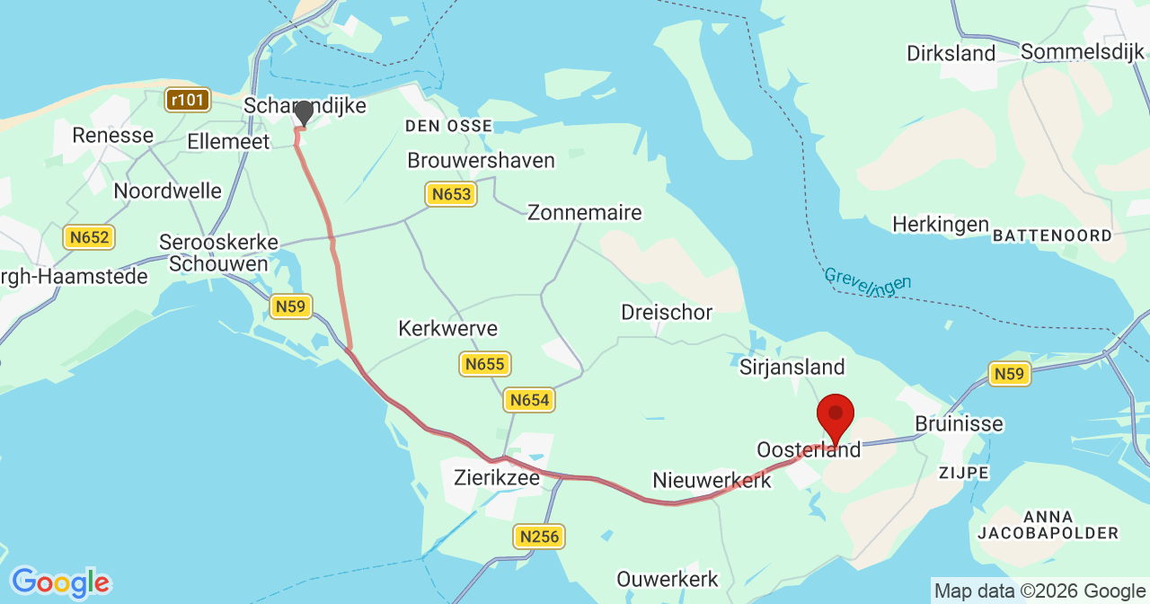 Kaart van het incident in Oosterland met de aanrijroutes van de gealarmeerde eenheden