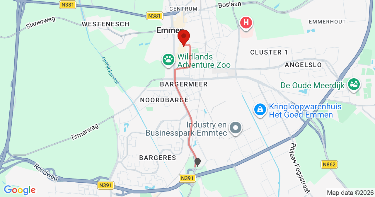 Kaart van het incident in Emmen met de aanrijroutes van de gealarmeerde eenheden