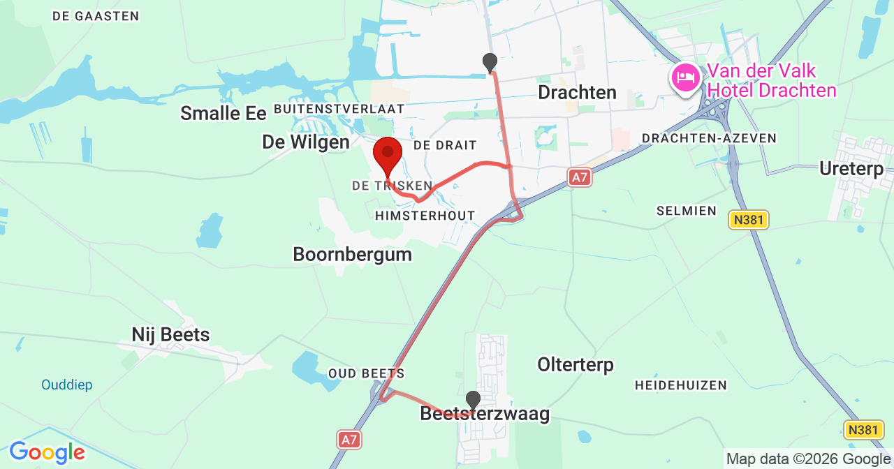 Kaart van het incident in Drachten met de aanrijroutes van de gealarmeerde eenheden