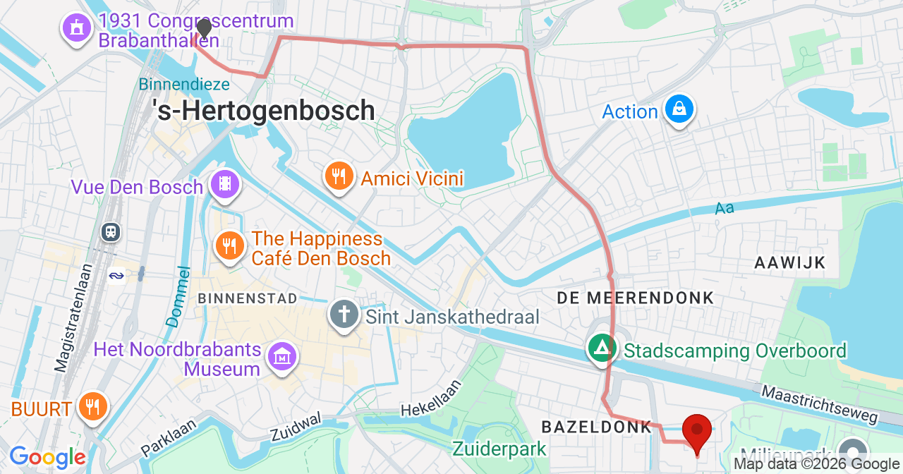 Kaart van het incident in 's-Hertogenbosch met de aanrijroutes van de gealarmeerde eenheden