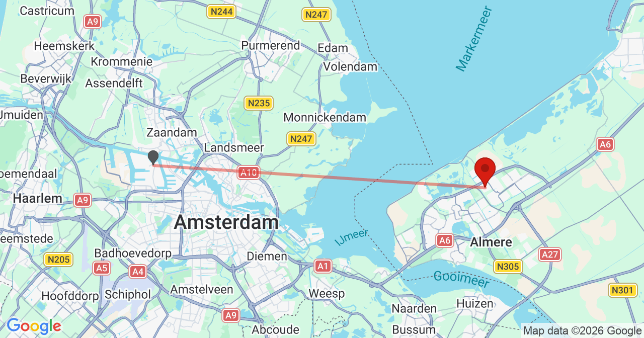 Kaart van het incident in Almere met de aanrijroutes van de gealarmeerde eenheden