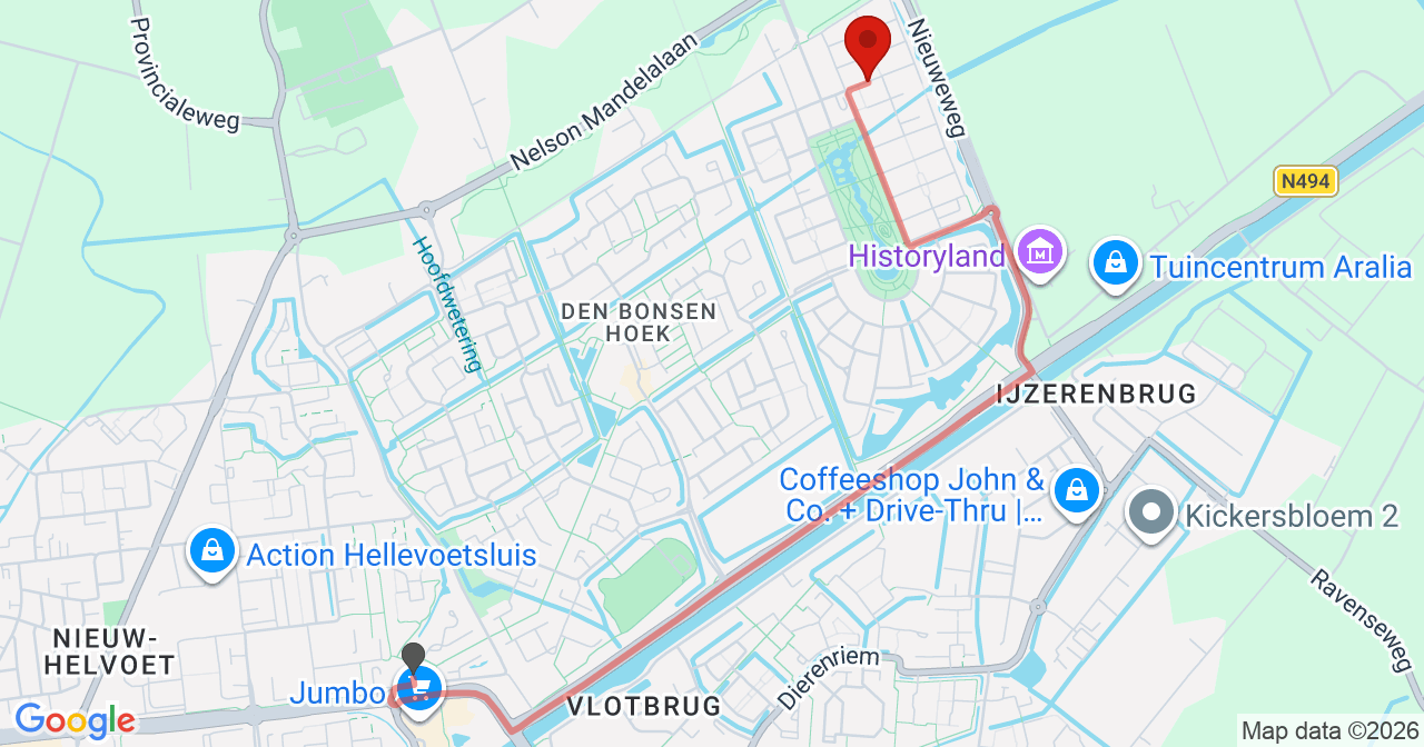 Kaart van het incident in Hellevoetsluis met de aanrijroutes van de gealarmeerde eenheden