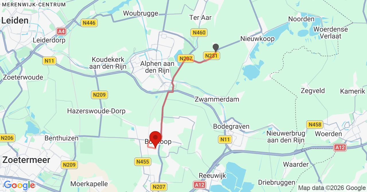 Kaart van het incident in Boskoop met de aanrijroutes van de gealarmeerde eenheden