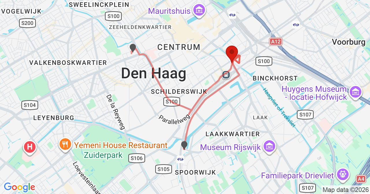 Kaart van het incident in 's-Gravenhage met de aanrijroutes van de gealarmeerde eenheden