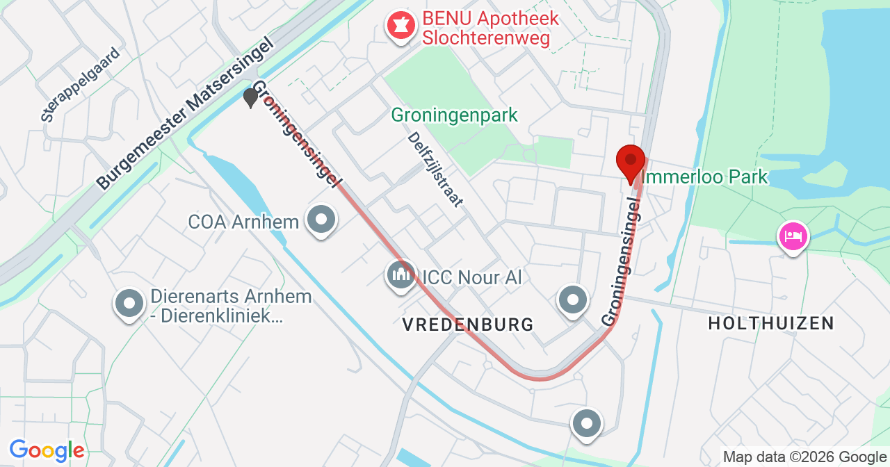 Kaart van het incident in Arnhem met de aanrijroutes van de gealarmeerde eenheden