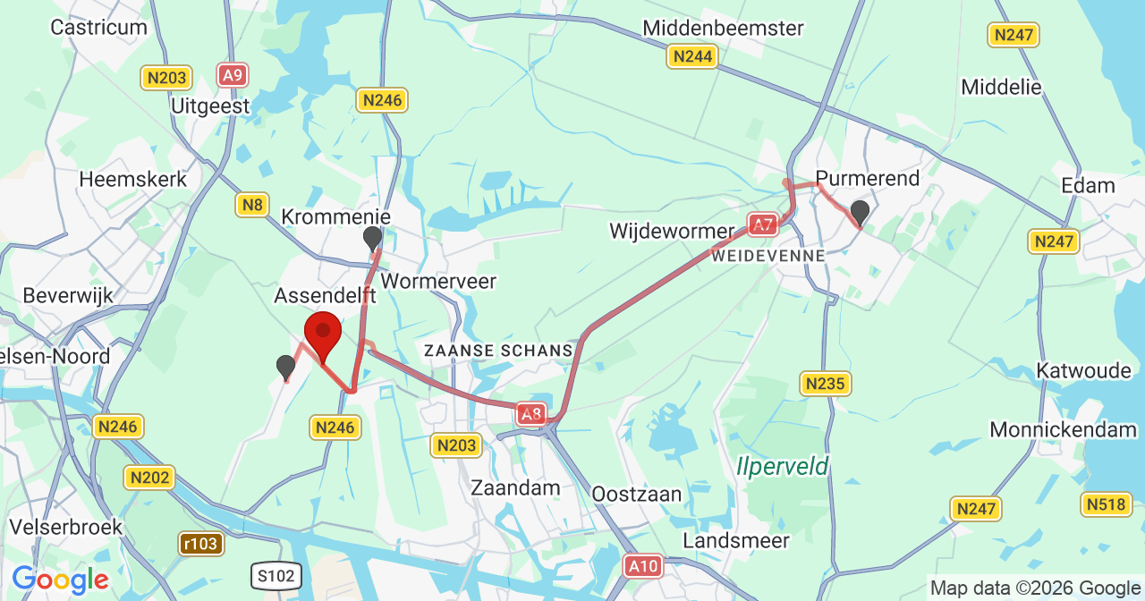 Kaart van het incident in Assendelft met de aanrijroutes van de gealarmeerde eenheden