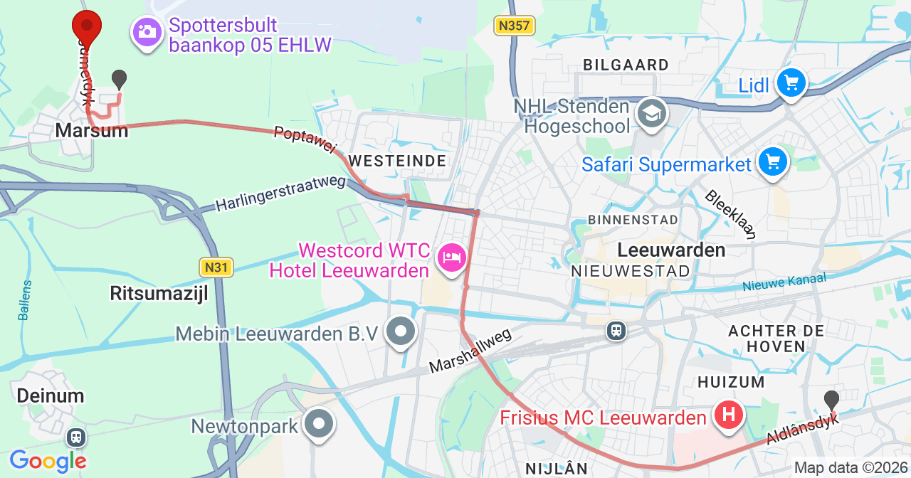 Kaart van het incident in Marsum met de aanrijroutes van de gealarmeerde eenheden
