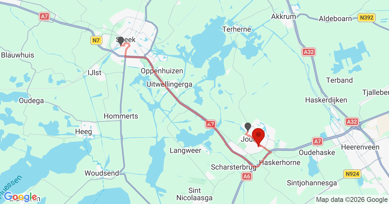 Kaart van het incident in Joure met de aanrijroutes van de gealarmeerde eenheden