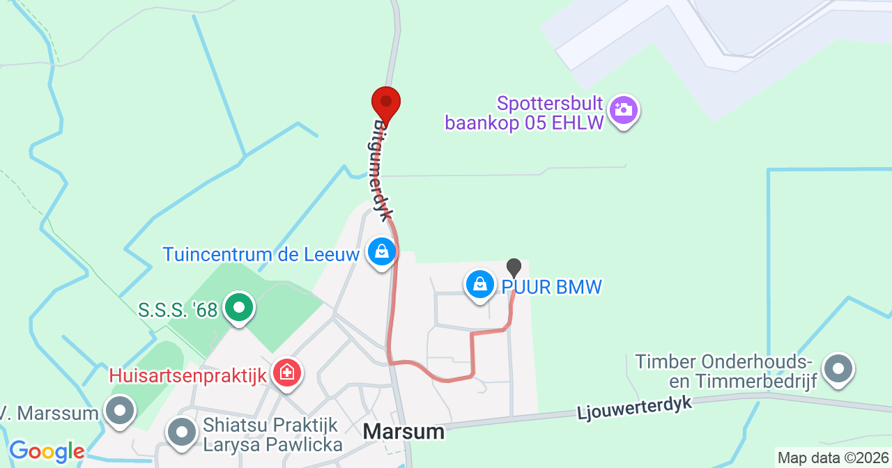 Kaart van het incident in Marsum met de aanrijroutes van de gealarmeerde eenheden