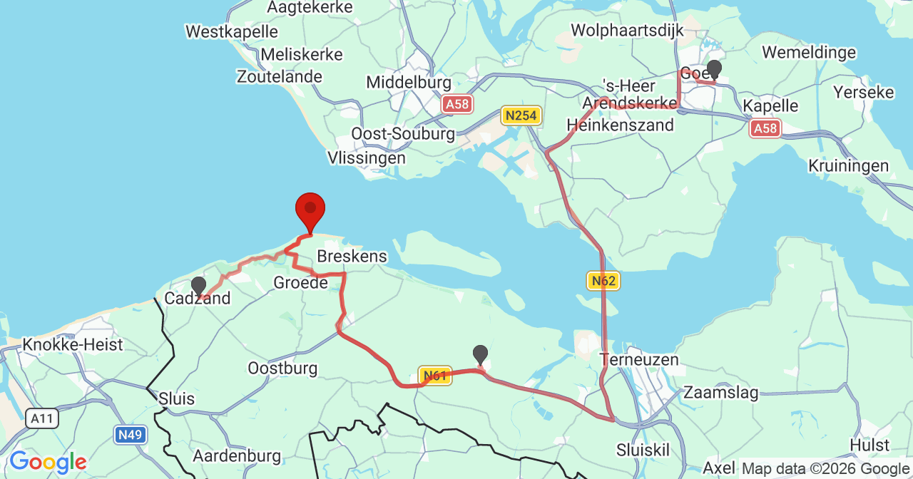 Kaart van het incident in Breskens met de aanrijroutes van de gealarmeerde eenheden