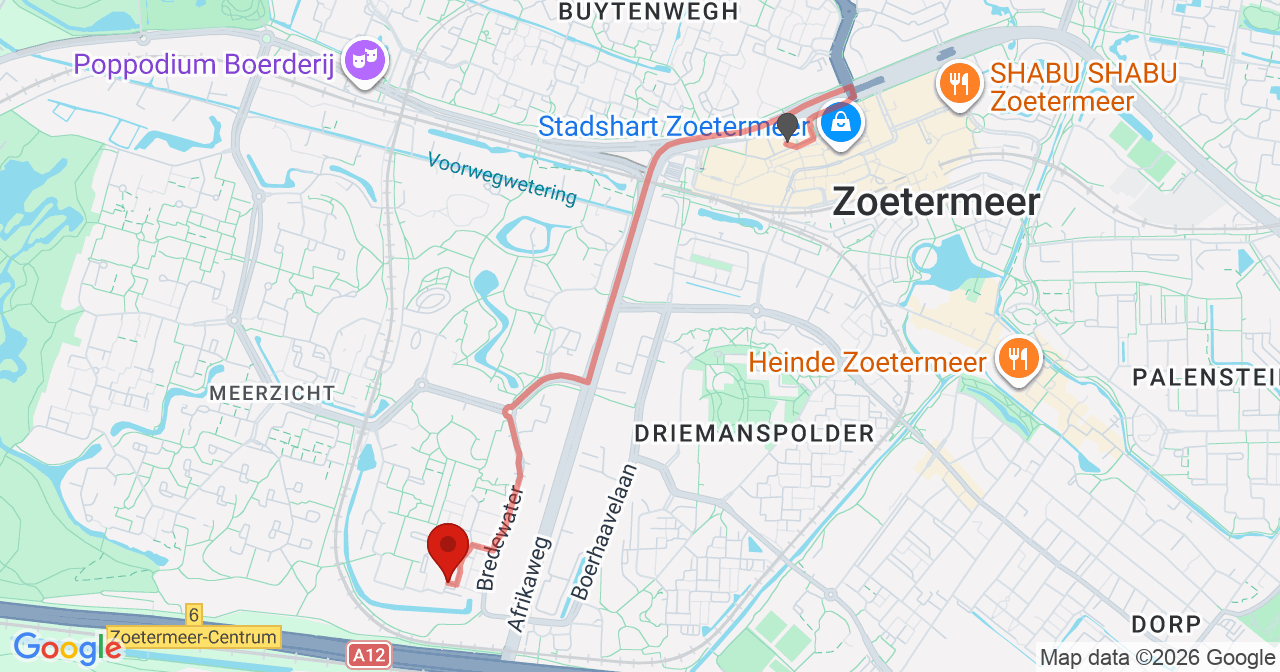 Kaart van het incident in Zoetermeer met de aanrijroutes van de gealarmeerde eenheden