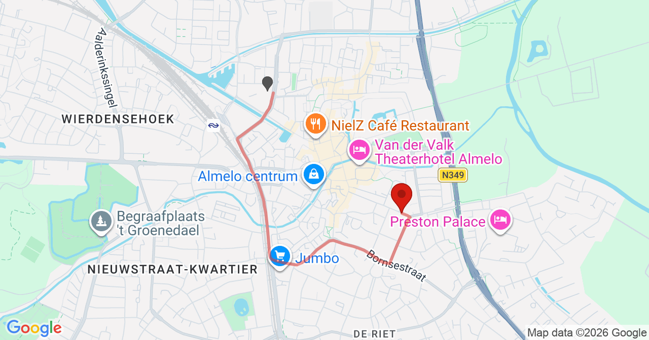 Kaart van het incident in Almelo met de aanrijroutes van de gealarmeerde eenheden