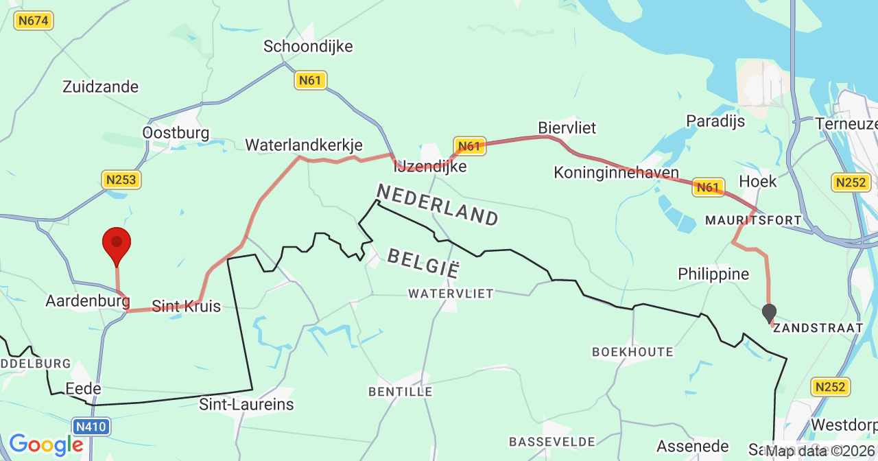 Kaart van het incident in Aardenburg met de aanrijroutes van de gealarmeerde eenheden