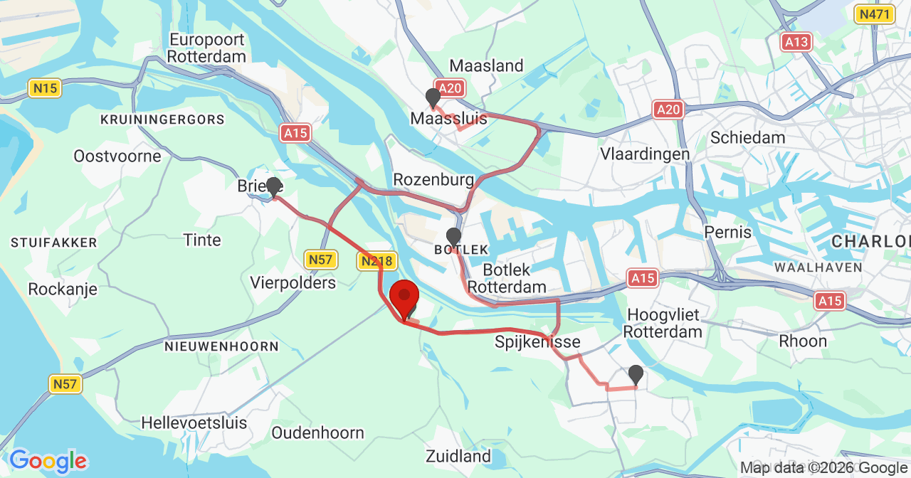 Kaart van het incident in Heenvliet met de aanrijroutes van de gealarmeerde eenheden