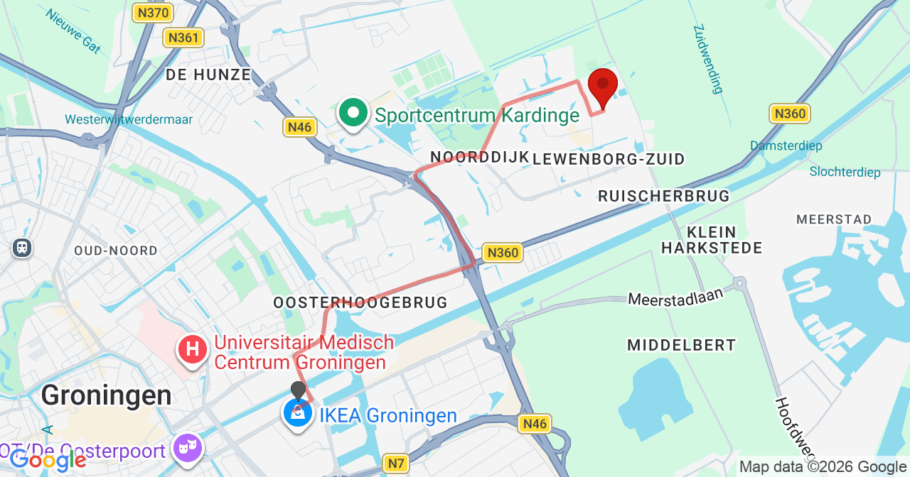Kaart van het incident in Groningen met de aanrijroutes van de gealarmeerde eenheden