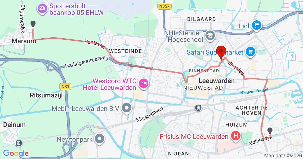 Kaart van het incident in Leeuwarden met de aanrijroutes van de gealarmeerde eenheden