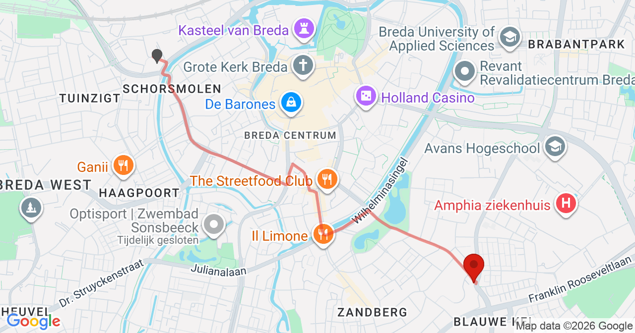 Kaart van het incident in Breda met de aanrijroutes van de gealarmeerde eenheden