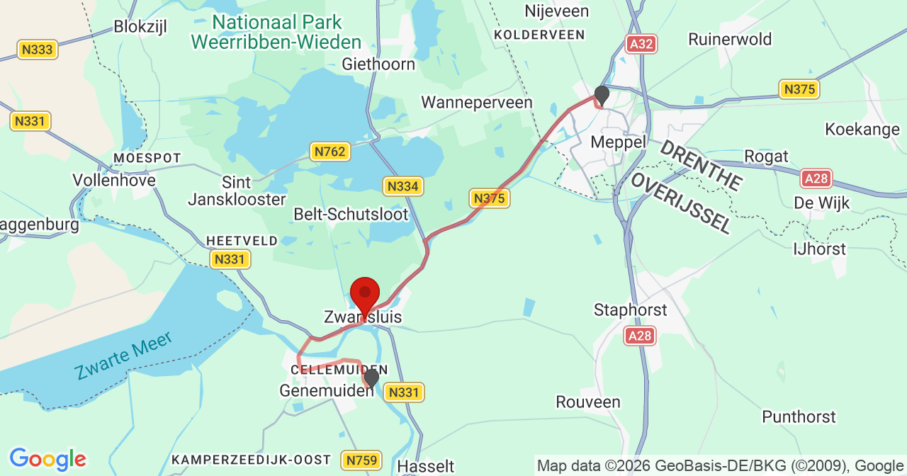 Kaart van het incident in Zwartsluis met de aanrijroutes van de gealarmeerde eenheden