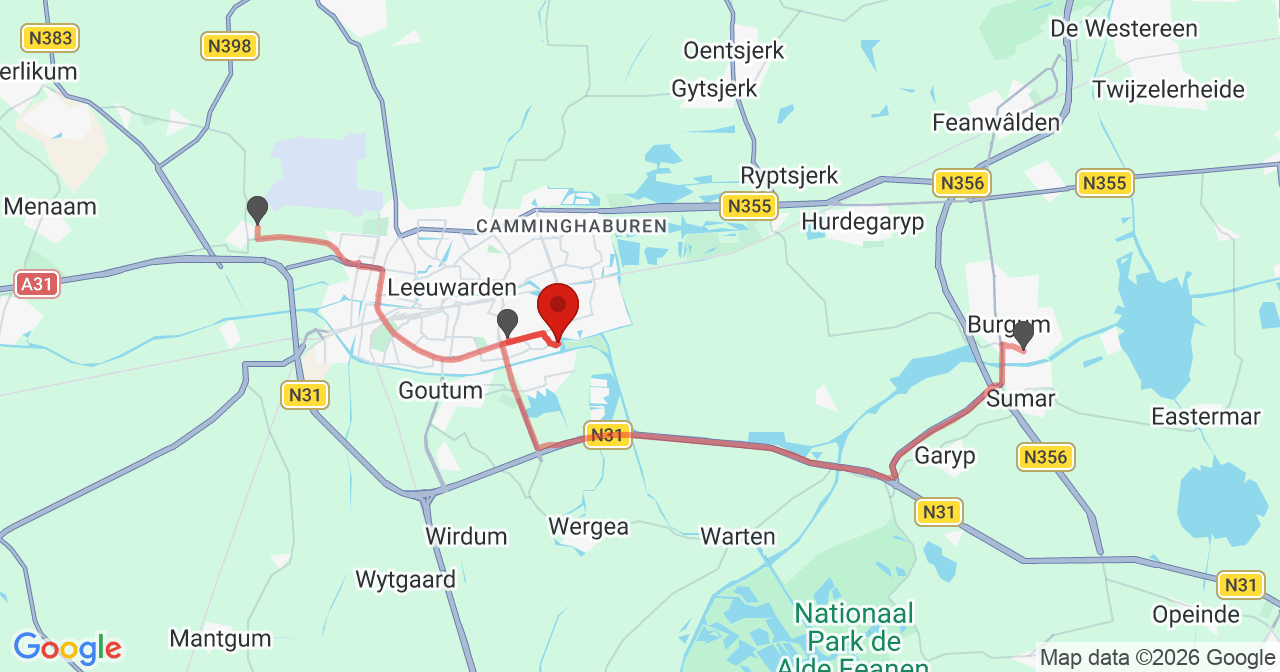 Kaart van het incident in Leeuwarden met de aanrijroutes van de gealarmeerde eenheden