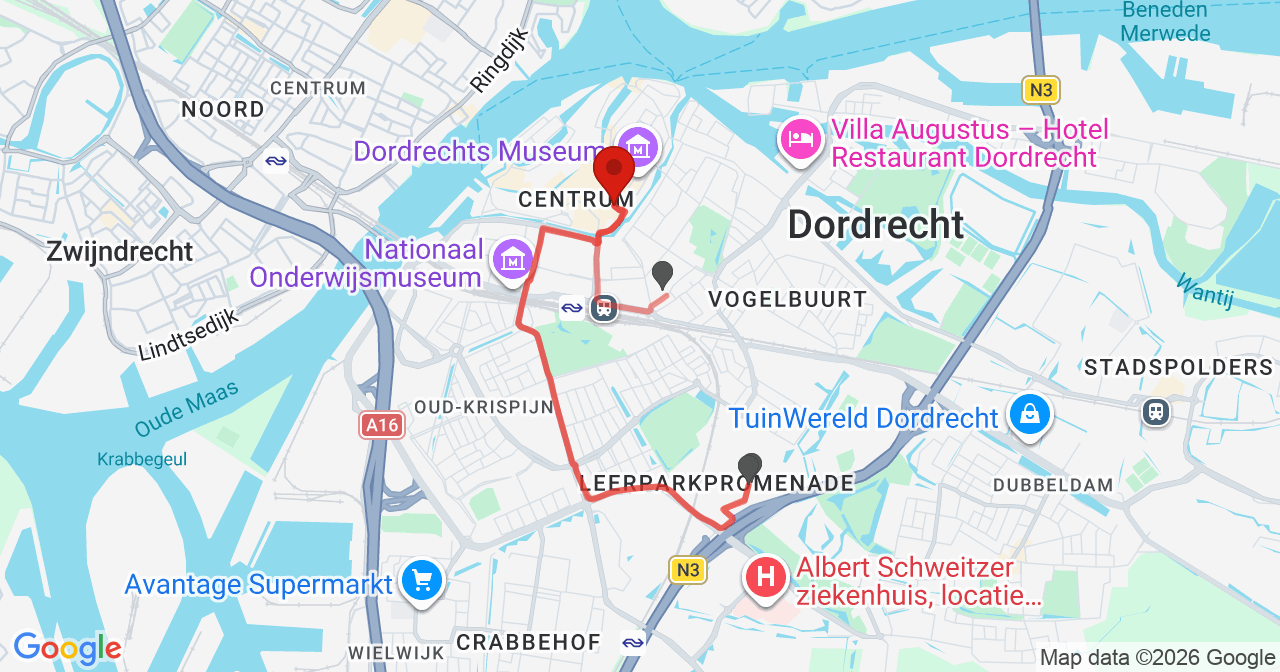 Kaart van het incident in Dordrecht met de aanrijroutes van de gealarmeerde eenheden
