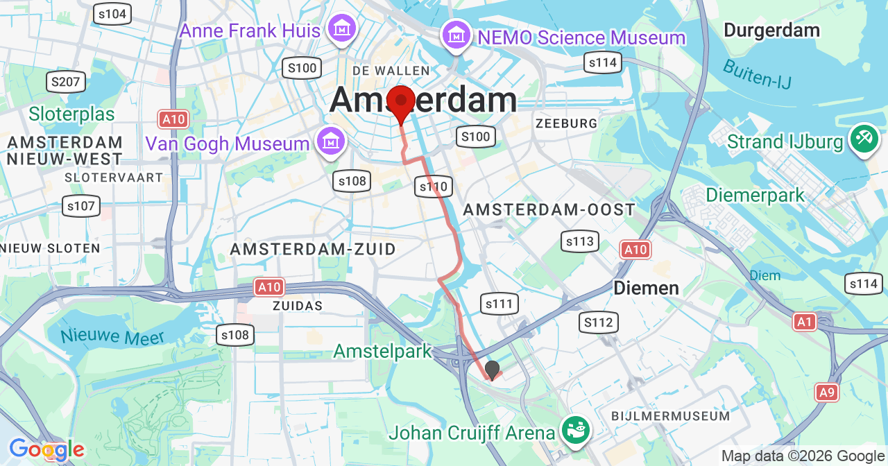 Kaart van het incident in Amsterdam met de aanrijroutes van de gealarmeerde eenheden