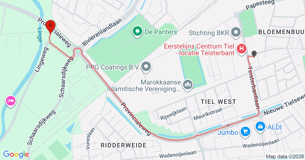 Kaart van het incident in Tiel met de aanrijroutes van de gealarmeerde eenheden