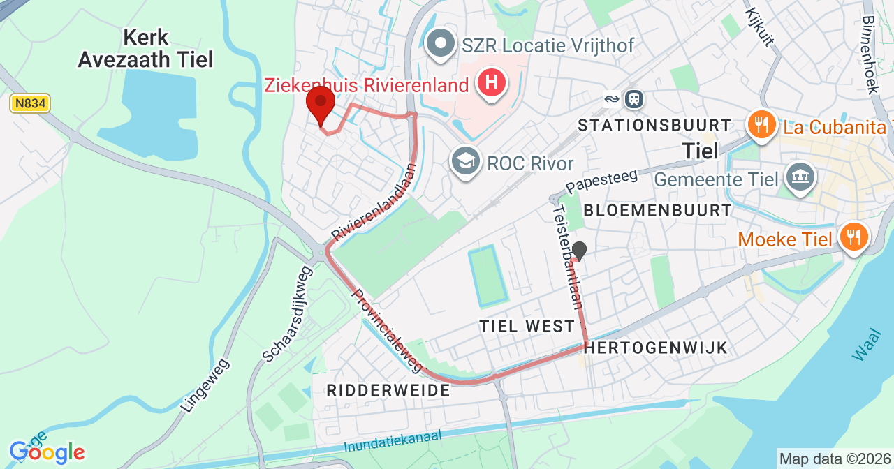 Kaart van het incident in Tiel met de aanrijroutes van de gealarmeerde eenheden