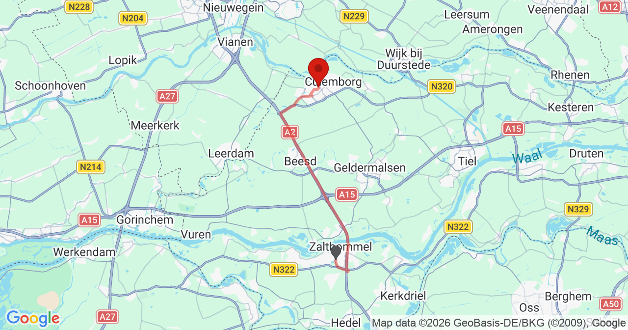 Kaart van het incident in Culemborg met de aanrijroutes van de gealarmeerde eenheden
