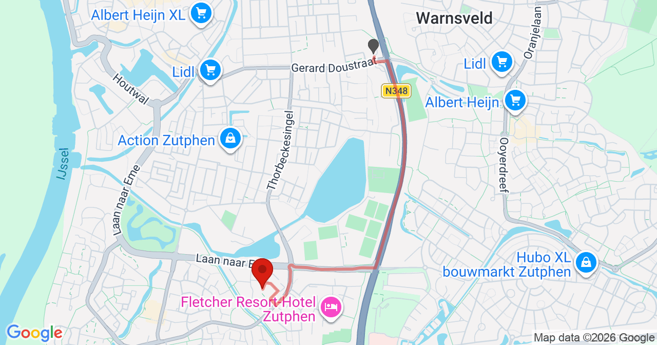Kaart van het incident in Zutphen met de aanrijroutes van de gealarmeerde eenheden