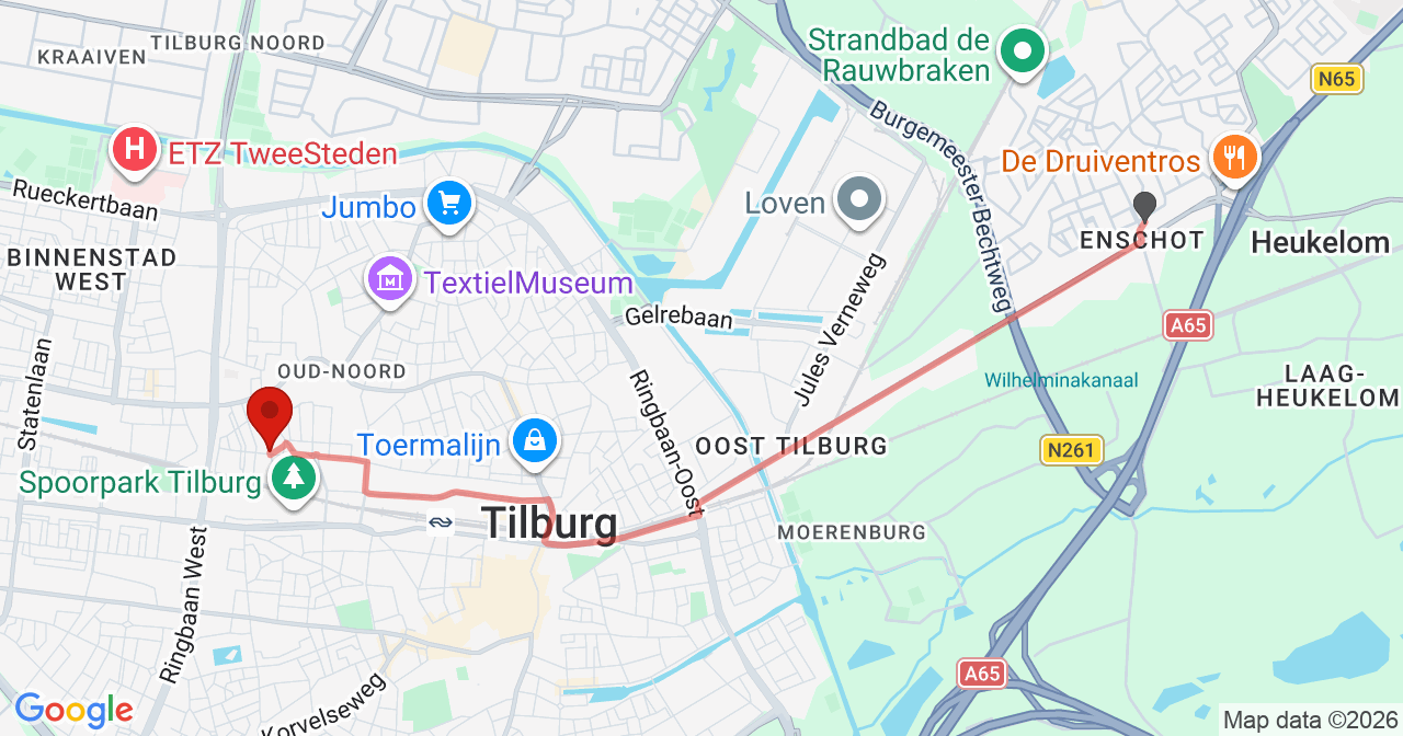 Kaart van het incident in Tilburg met de aanrijroutes van de gealarmeerde eenheden
