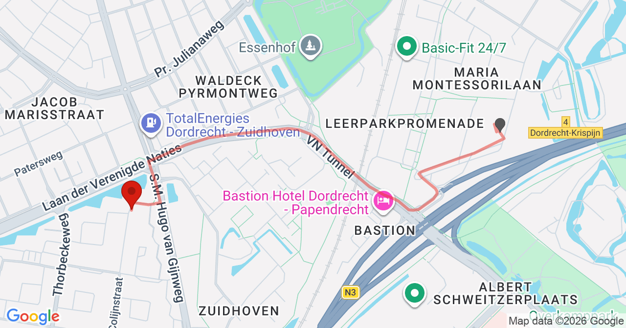 Kaart van het incident in Dordrecht met de aanrijroutes van de gealarmeerde eenheden