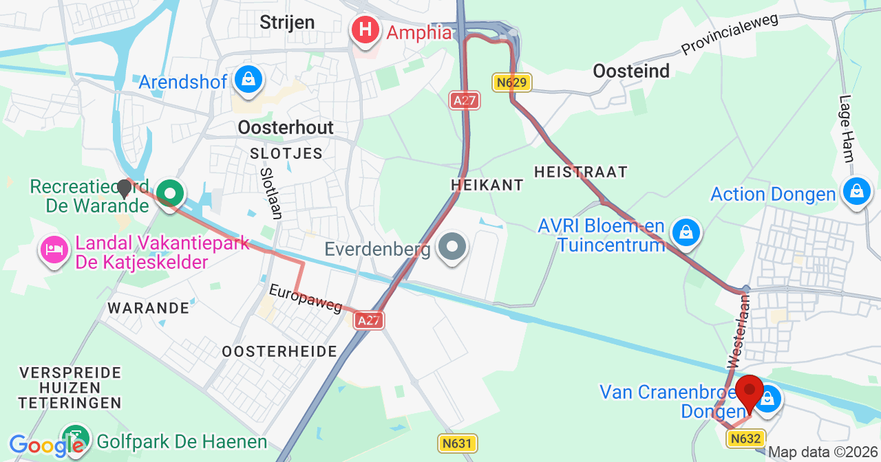 Kaart van het incident in Dongen met de aanrijroutes van de gealarmeerde eenheden
