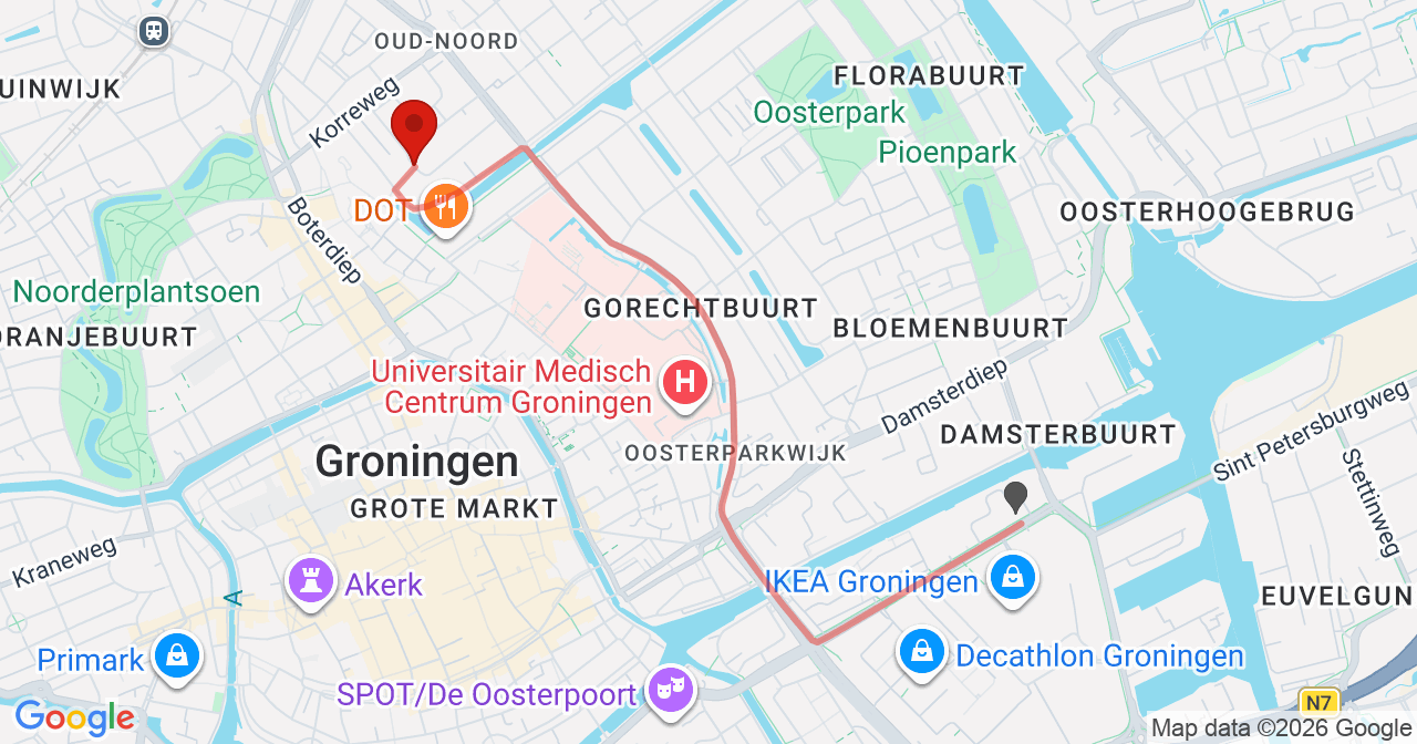 Kaart van het incident in Groningen met de aanrijroutes van de gealarmeerde eenheden