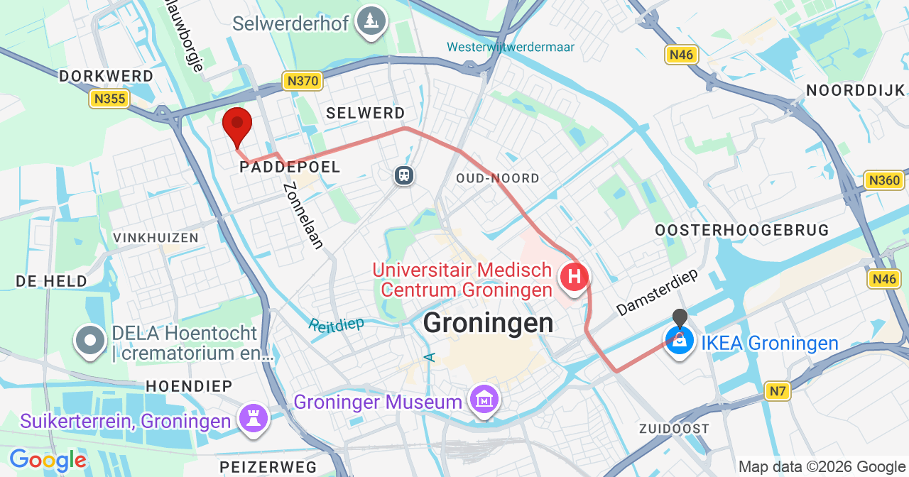 Kaart van het incident in Groningen met de aanrijroutes van de gealarmeerde eenheden