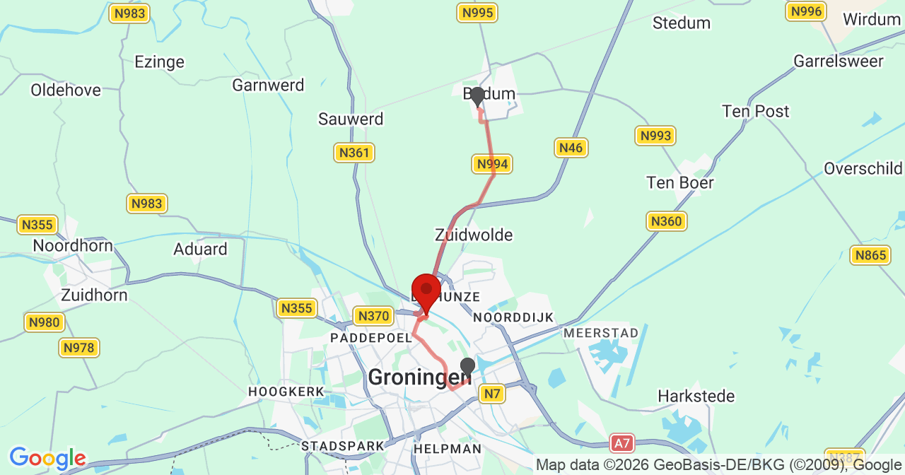 Kaart van het incident in Groningen met de aanrijroutes van de gealarmeerde eenheden