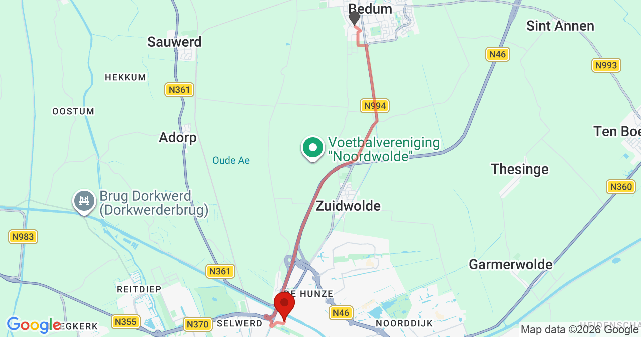 Kaart van het incident in Groningen met de aanrijroutes van de gealarmeerde eenheden