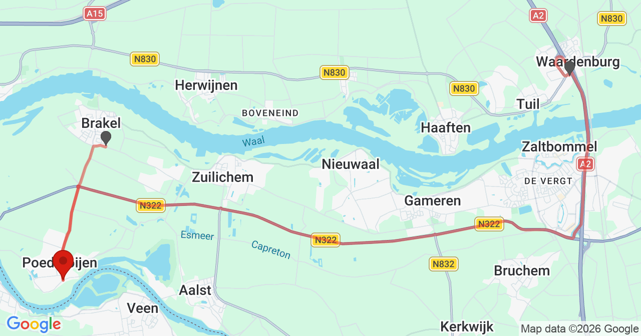 Kaart van het incident in Poederoijen met de aanrijroutes van de gealarmeerde eenheden