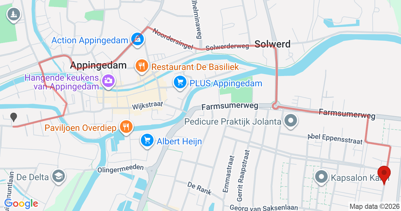 Kaart van het incident in Appingedam met de aanrijroutes van de gealarmeerde eenheden