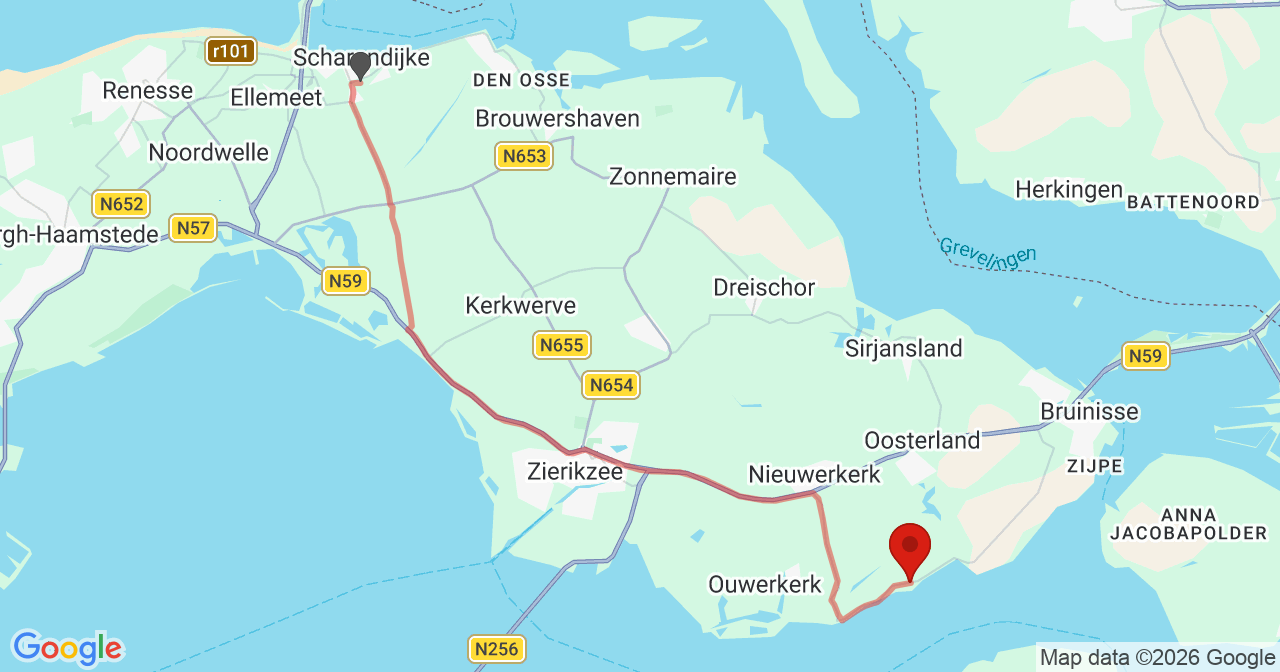 Kaart van het incident in Oosterland met de aanrijroutes van de gealarmeerde eenheden