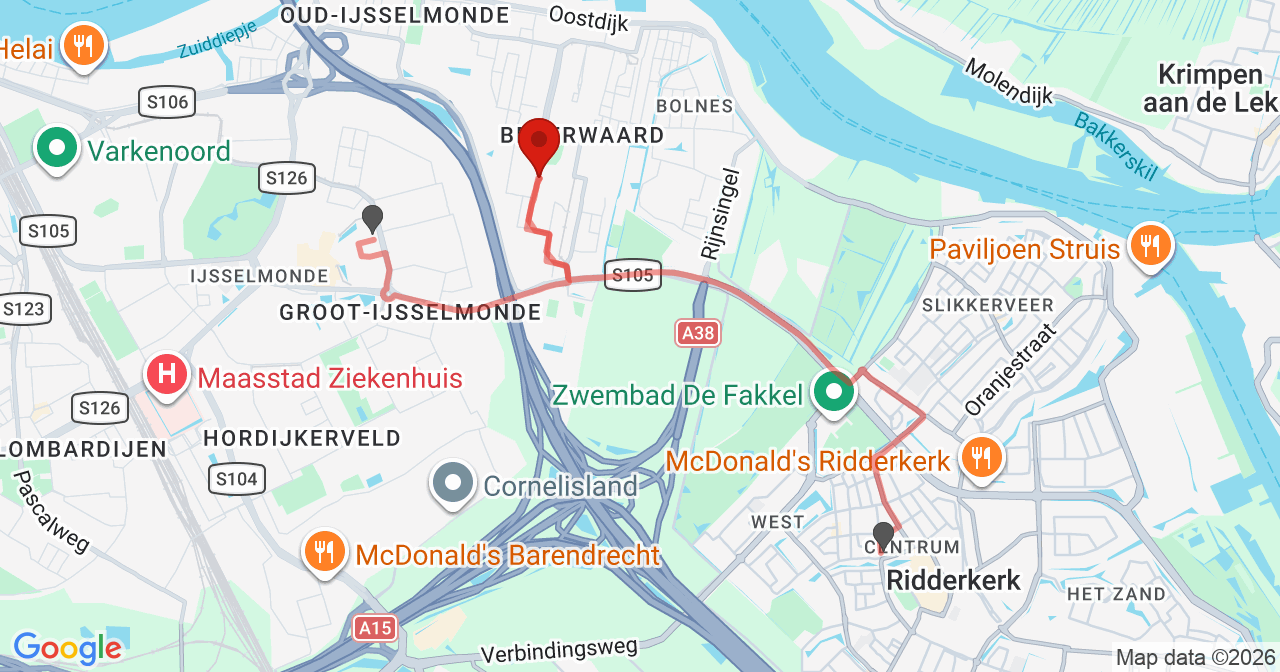 Kaart van het incident in Rotterdam met de aanrijroutes van de gealarmeerde eenheden