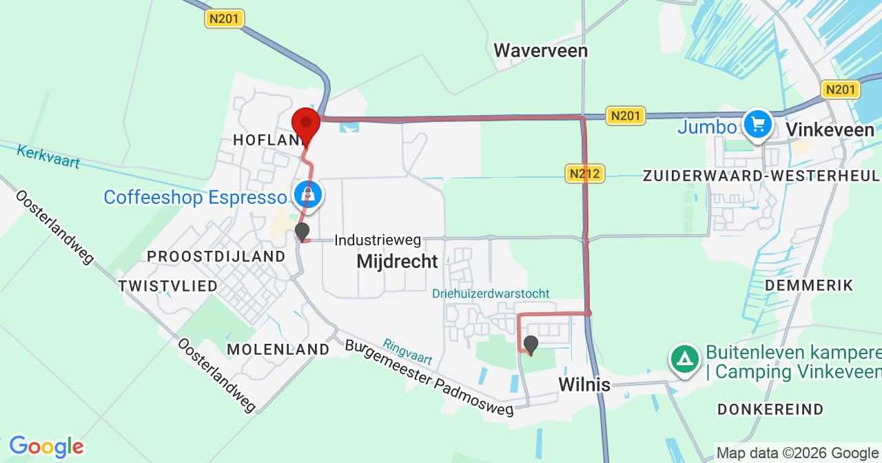 Kaart van het incident in Mijdrecht met de aanrijroutes van de gealarmeerde eenheden